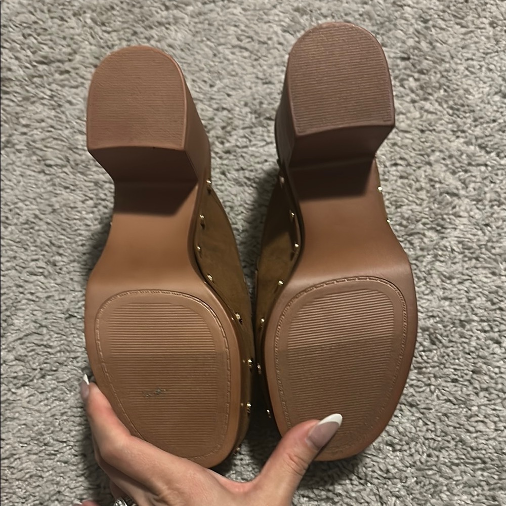 NWOT Brown Suede Mules with Gold Accents - Picture 5 of 6